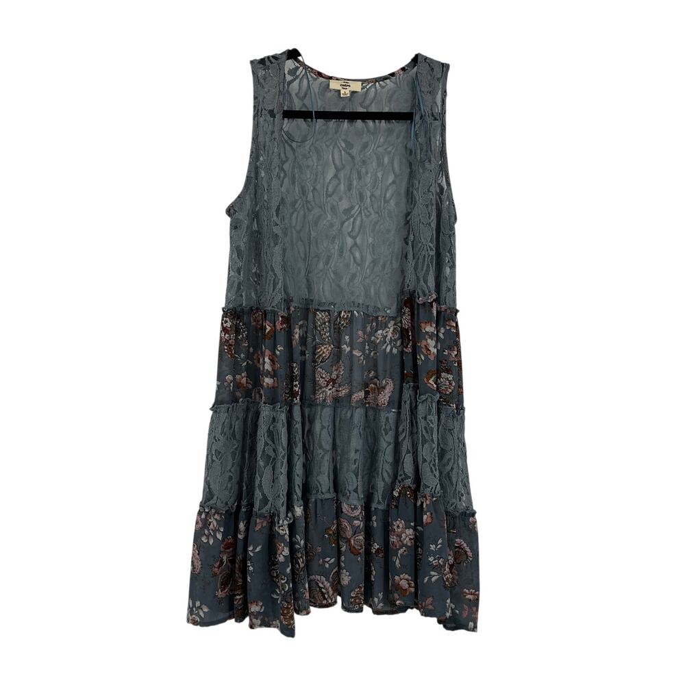 Entro Lace Sleevless Kimono Duster Floral Blue Tiered Women Small Boho Festival